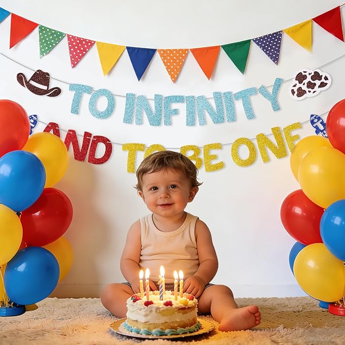 Pre-Strung Glitter To Infinity and To Be One Banner Cartoon Story 1st Birthday Party Decorations Toy Inspired Game 1st Birthday Banner Space Theme Inspired One Year Old Milestone Party Supplies