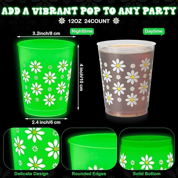 24 Pcs Daisy Flower Party Cup Glow in The Dark Cups 12 oz Reusable Frosted Cup Bulk Green Plastic Tumbler with Daisy Pattern for Easter Spring Summer Birthday Baby Shower Decoration