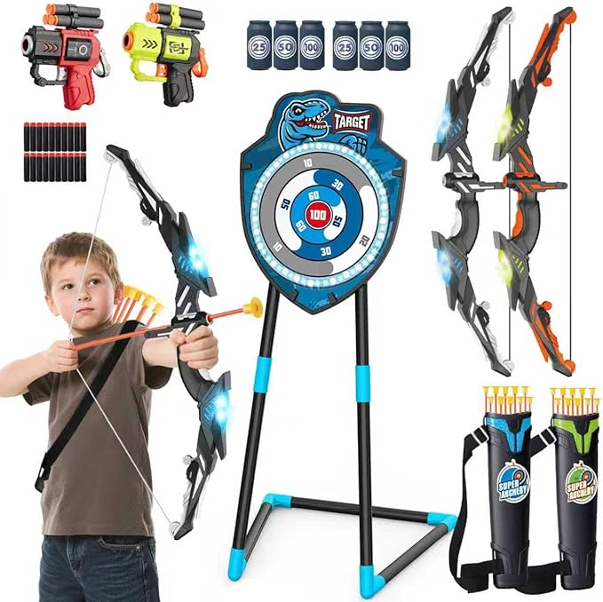2 Pack Kids LED Archery Set with Standing Target, 20 Suction Cup Arrows Bow and Arrow for Kids 3-12, Indoor Outdoor Sport Toy for Boys Girls