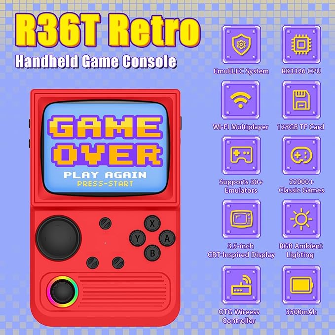 R36T Retro Gaming Console, 3.5'' IPS Screen CRT-Inspired, Handheld Game Console with 22000+ Classic Games Supports WiFi Networked Fighting and OTG, 3500mAh Battery, with Portable Case(Red 128GB)