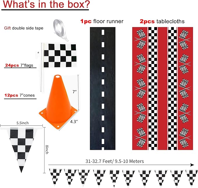 Racing Cars Birthday Decorations,Racecar Centerpiece Decoration - Orange Racing Cones(12), Checkered Flags (24), Plastic Tablecloth (54"x108"),Floor Runner,Banner Race Car Party(40pcs)