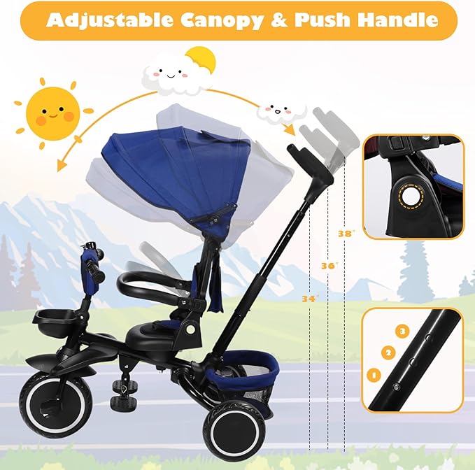 Folding Kids Tricycle, 8 in 1 Toddler Trike W/Removable & Adjustable Canopy, Parent Handle, 5-Piont Harness, Toddler Bike Tricycle for Kids 1-6 Years, EVA Wheels, Storage Basket, Blue