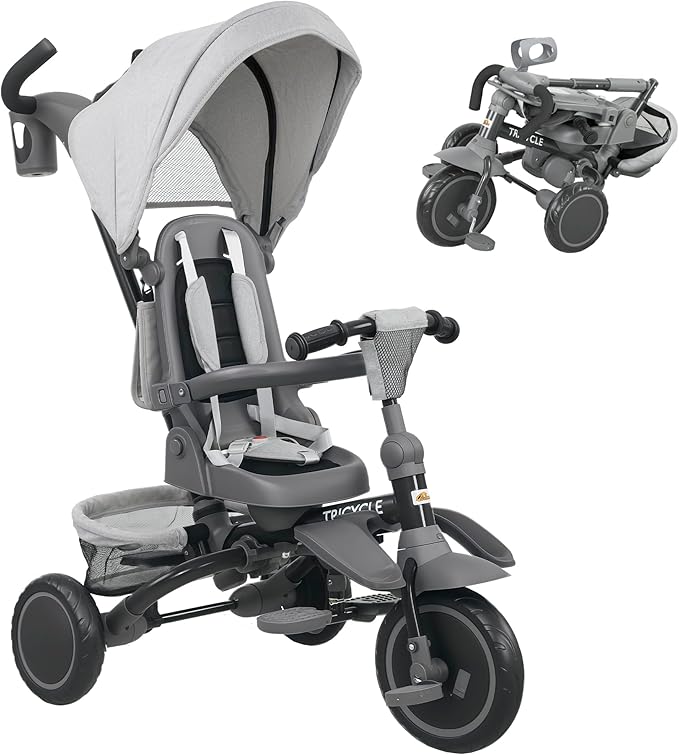 Qaba Kids Tricycle, 6 in 1 Foldable Baby Trike with Adjustable Push Handle, Tricycle Stroller with Removable Canopy, Reversible Seat, Safety Harness, Detachable Guardrail, Storage for 1-5 Years, Gray