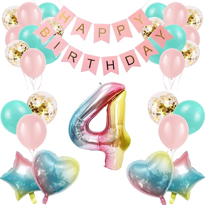 4th Birthday Decorations for Girls Gradient color Age 4 Birthday Balloons with Happy Birthday Banner for Baby showers Fourth Birthday Party Supplies for Girls Boys (4th-Birthday)