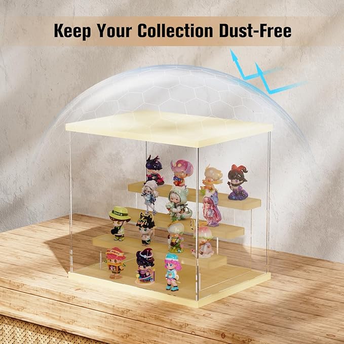 Nynelly Acrylic Lighted Display Case for Collectibles, 4 Tier Figure Display Box with Door and Steps, Assemble Dustproof LED Showcase Storage Box for Mini Figures, Funko Pop, Toys, Wood Color