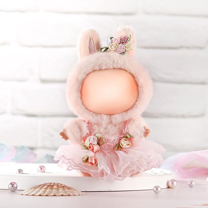 Doll Clothes for Labubu 17cm Have a Seat & Exciting Macaron & Big into Energy Series Dolls, Adorable Chic Dress Set for 17cm Dolls Accessories (Pink Flower Skirt + Hairband)