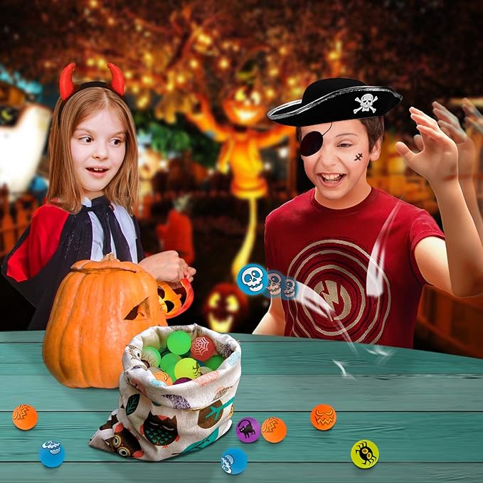 72 Glow in The Dark Bouncing Balls,Halloween Party Favors Supplies, 8 Halloween Theme Designs for School Classroom Game Rewards, Trick or Treating Goodie, Halloween Miniatures/Prizes(with pouch bag)