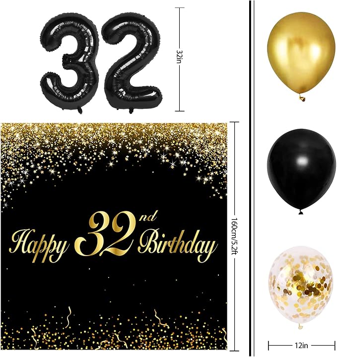 Happy 32nd Birthday Balloons Black Set Decor - Cheers to 32 Years Old Party Theme Garland Banner Backdrop Decorations For Women and Men Supplies