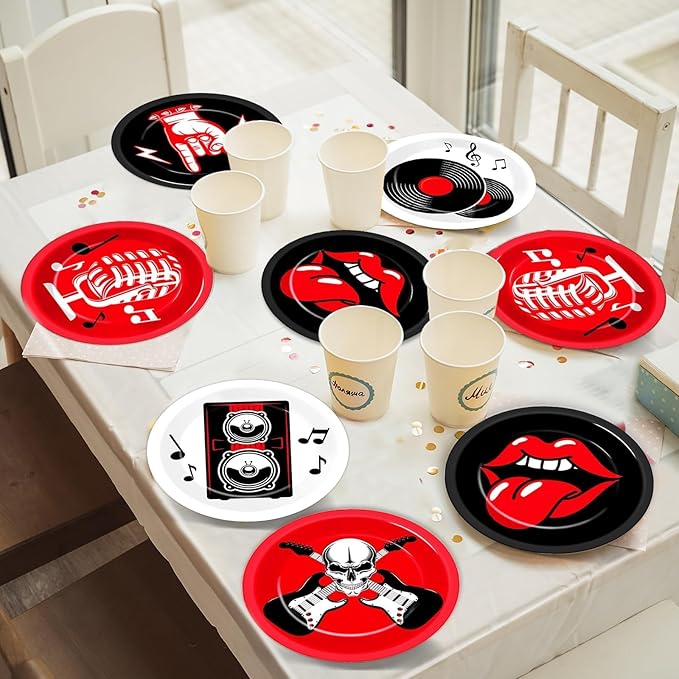 60Pcs Rock Theme Party Paper Plates for Music Birthday 9in 1950's Record Party Disposable Dessert Cake Tableware Dinnerware Set for Kids Baby Shower Decoration Anniversary 50s 60s Theme Party Supplies