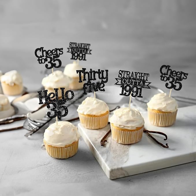 Ephlyn 24Pcs Happy 35th Birthday Cupcake Toppers Black Thirty Five Cupcake Picks Hello 35 Cheers to 35 Years Birthday Cake Decorations for 35th Birthday Anniversary Party Decor Supplies