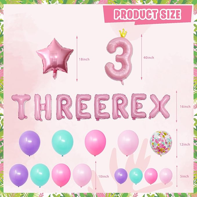 Pink Dinosaur Birthday Decorations for 3 Year Old Girls, 134 Pcs Three Dino Rex Girl Dinosaur Party Supplies for Girl - Backdrop, Toppers, Tablecloth, Centerpieces, Banner, Crown, Poster