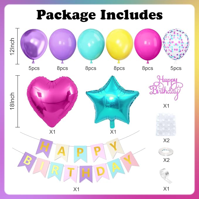Pink Blue Purple Birthday Decorations for Women Girls, Hot Pink Blue Latex Balloon Decor Happy Birthday Banner Star Heart Foil Balloons Cake Topper Party Supplies