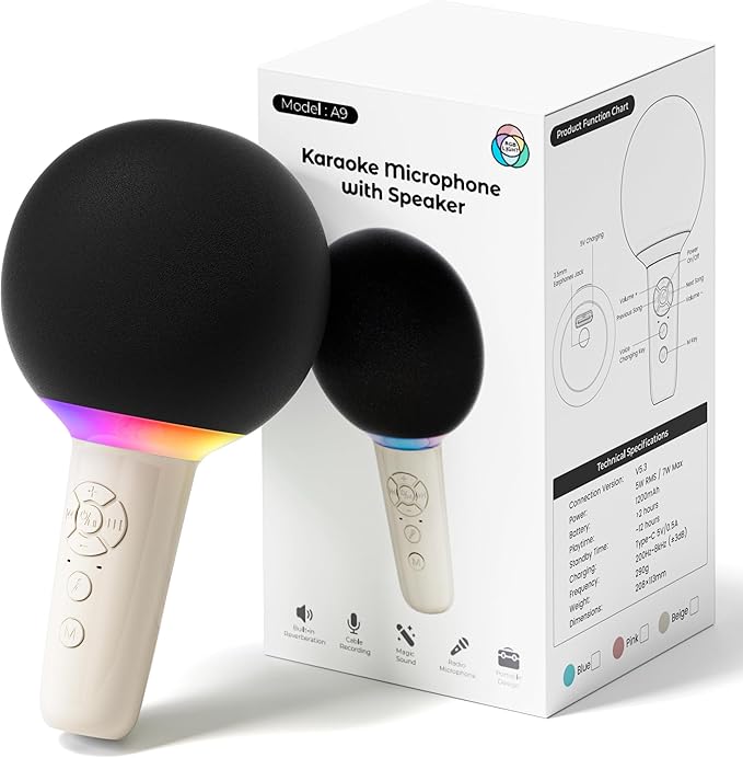 Wireless Bluetooth Karaoke Microphone for Kids, Portable Handheld Karaoke Mic Speaker Toys with LED Light, Best Christmas Birthday Festival Party Gift for 3 4 5 6 7 8 9+ Year Old Girls Boys (Beige)