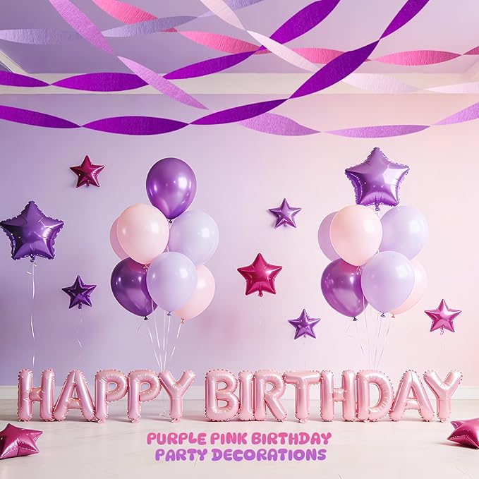 5 Rolls Purple Pink Crepe Paper Streamers, Lavender Hot Pink Party Decorations, Hanging Streamer Backdrop for Women Girls Birthday, Wedding, Baby Shower, Mermaid Unicorn Butterfly Theme Party Supplies