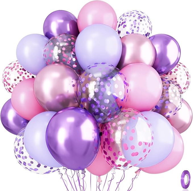 Pastel Pink and Purple Balloons, 12 Inch Metallic Purple Lilac Pink Confetti Balloons Set for Girls Women Kpop Butterfly Birthday Baby Bridal Shower Wedding Princess Disco Music Party Decorations