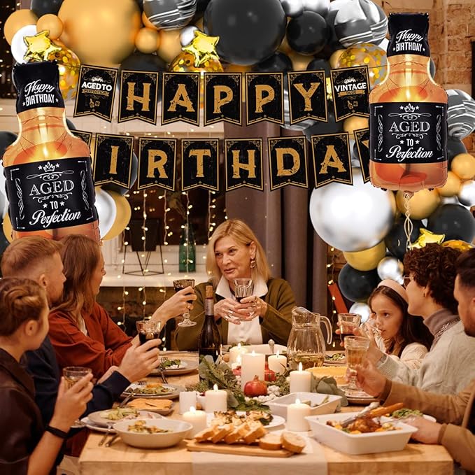 Whiskey Balloons Garland Arch Kit Silver Gold Black Latex Balloons Age to Perfection Whiskey Foil Balloons Happy Birthday Banner for Men Women Birthday Decorations Aged to Perfection Party Supplies