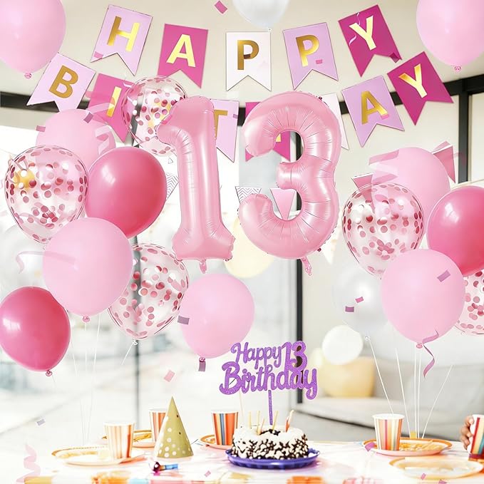 13th Birthday Decorations For Girls, Pink Happy Birthday Decorations With Number 13 Balloons Confetti Hot Pink Pearl White Balloons Fringe Curtain Banner Cake Topper For 13th Party Supplies