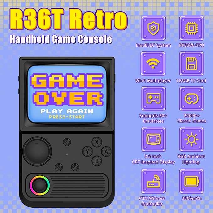 R36T Retro Gaming Console, 3.5'' IPS Screen CRT-Inspired, Handheld Game Console with 22000+ Classic Games Supports WiFi Networked Fighting and OTG, 3500mAh Battery, with Portable Case(Black 128GB)