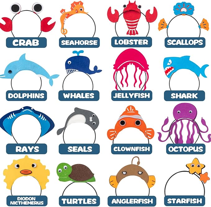 16 Styles of Felt Fabric Headband for Under The Sea Party Decorations, Ocean Animal Themed Party Favors, Beach, Pool, Mermaid, Zoo Parties Supplies, Kid Birthday Dress-up Hair Hoop, Halloween Costumes
