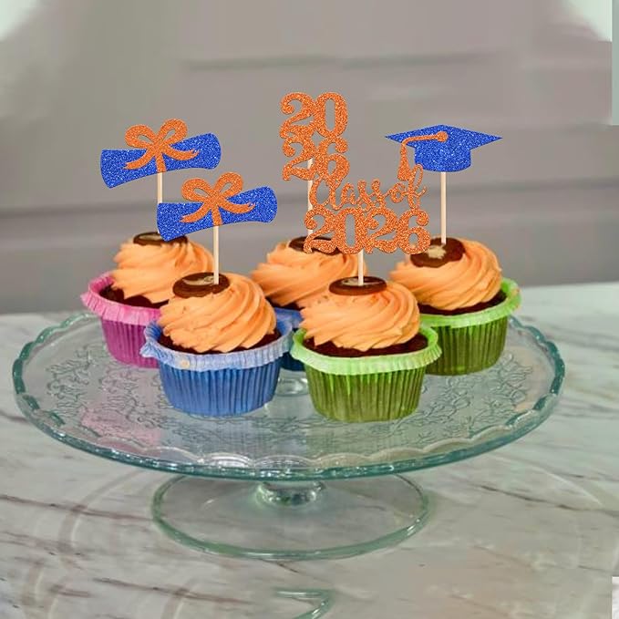 36 PCS Glitter 2026 Graduation Theme Cupcake Toppers Diploma Class of 2026 Graduation Cap Cupcake Picks for Class of 2026 Graduate Theme Party Cake Decorations Supplies Blue Orange