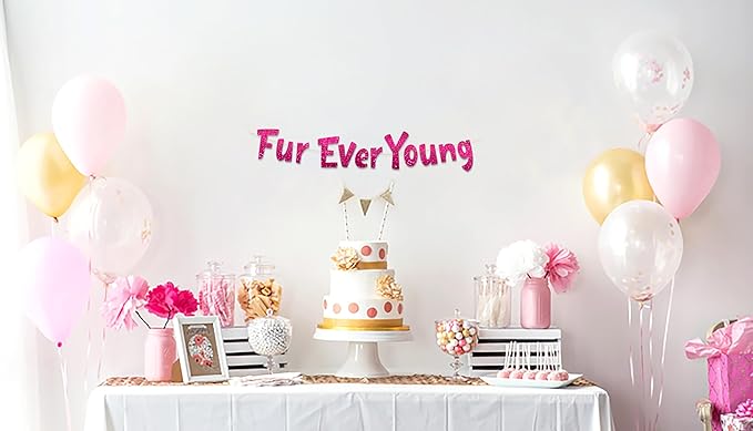 Pre-Strung Furever Young Pink Glitter Banner - Funny Birthday Decorations for Men and Women - Party Supplies and Gifts