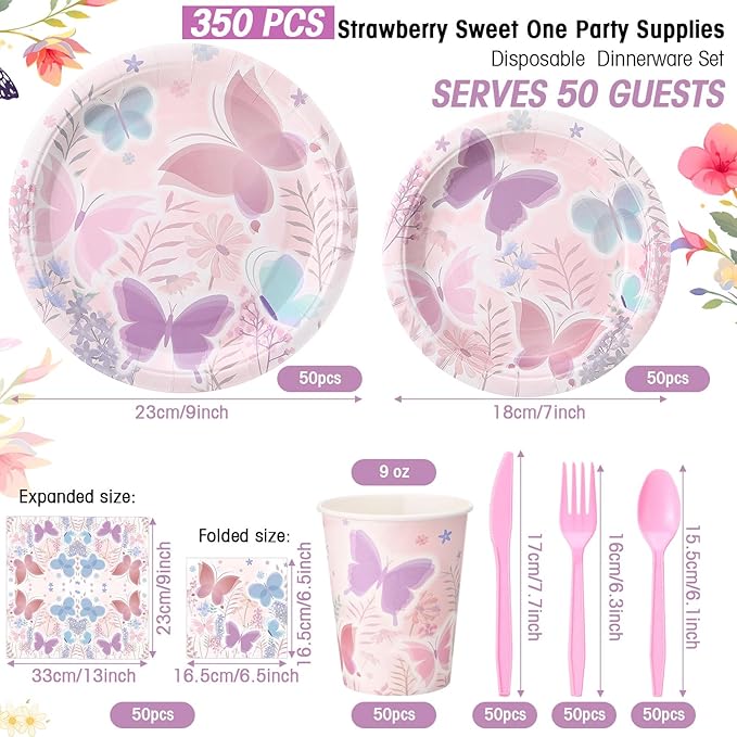 350 Pcs Butterfly Party Supplies Tableware Set Disposable 9'' 7'' Paper Plates 9 oz Cups Cutlery Napkins Dinnerware Set for 1st Birthday, Serve 50 (Butterfly, Purple, Pink)