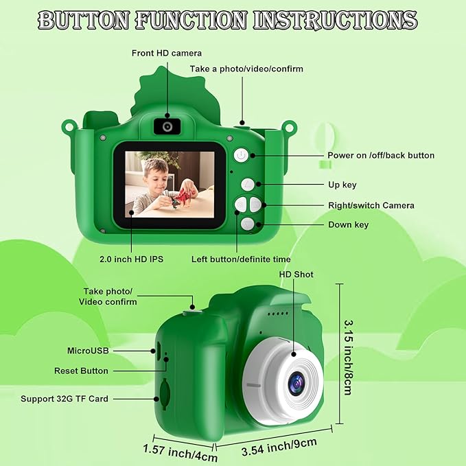 Kids Digital Camera, 1080P HD Video Camera for Toddlers with 32GB SD Card, Dinosaur Protective Case, Card Reader, Fun Selfie Toy Camera for Ages 3-12, Christmas/Birthday Gift for Boys & Girls (Green1)