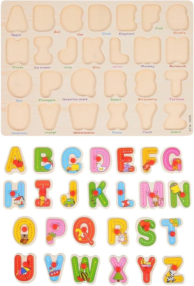 Alphabet Puzzle Wooden Puzzles for Toddlers 3+ Year Old, ABC Puzzle Shape Alphabet Learning Puzzles Toys with Puzzle Board & Letter Blocks, Preschool Education Puzzle for Girls and Boys, Large