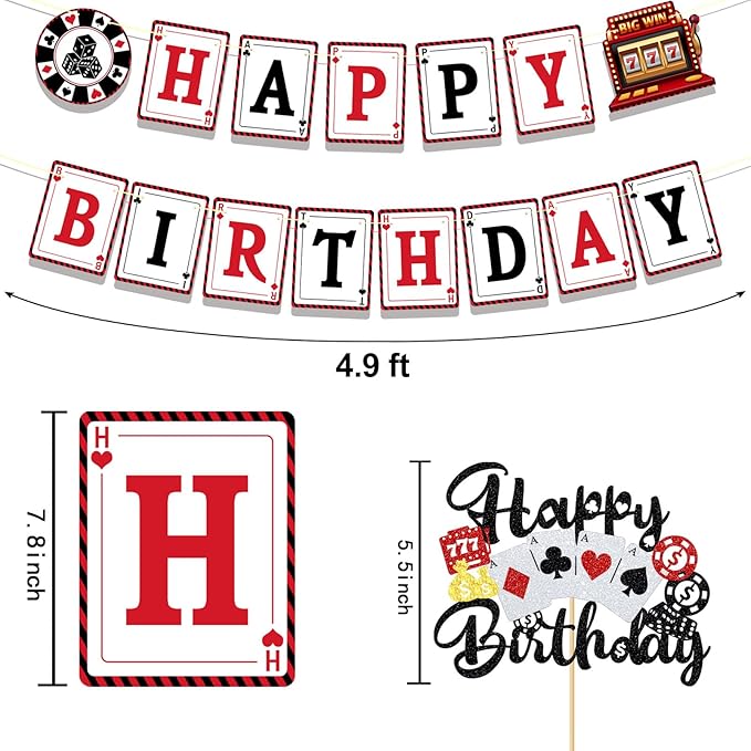 Casino Theme Party Decorations Poker Night Happy Birthday Banner With Glitter Las Vegas Casino Cake Decorations Poker Cake Topper Casino Party Supplies, Caisno