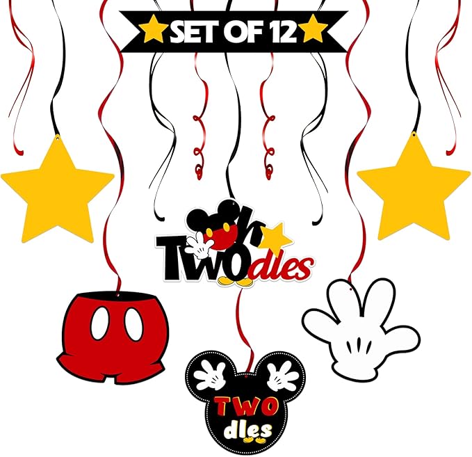 LINGTEER Oh Twodles Birthday Swirls Streamers - Cheers to Boys 2nd Birthday Kids Two Years Old Mouse Theme Party Hanging Decorations.