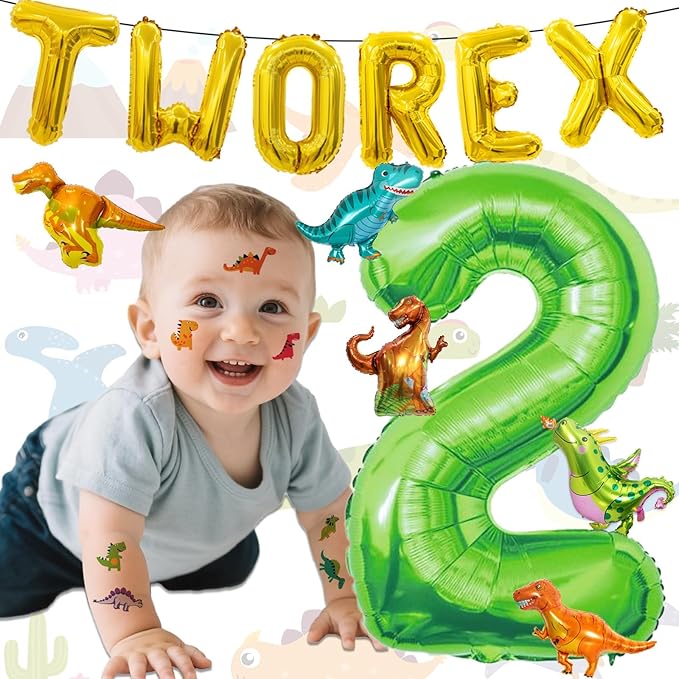 16Pcs Two Rex Balloons, Two Rex Birthday Party Decorations Boy Dinosaur 2rd Birthday Party Supplies Include Dinosaur Foil Balloons Tattoo Stickers for 2 Years Old Birthday Decorations Boys