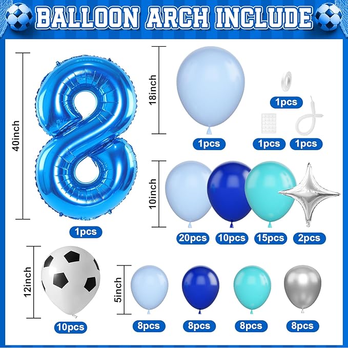 Soccer 8th Birthday Party Supplies - Arch Kit with 40 Inch Number 8 Balloon, Football Foil Balloon, Royal Teal Blue Balloons for Boys 8th Birthday Decoration