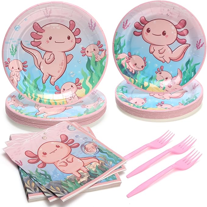 96Pcs Axolotl Birthday Decorations Pink Cartoon Animals Paper Plates and Napkins and Forks for 24 Guest Picnic Baby Shower Kids Birthday Party Supplies