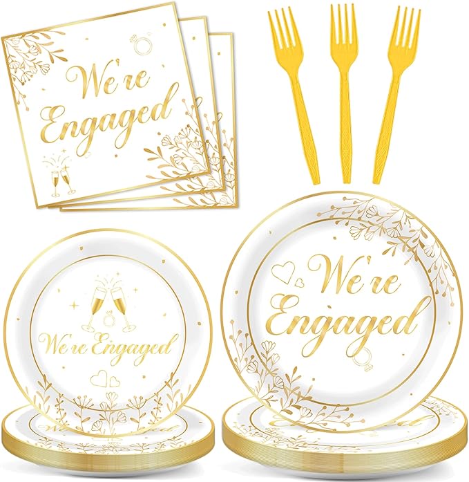 96Pcs Happy Engagement Party Supplies Engagement Paper Plates Napkins We're Engaged Party Tableware Set We're Engaged Dinnerware for Wedding Birthday Bridal Shower Decoration Serve 24