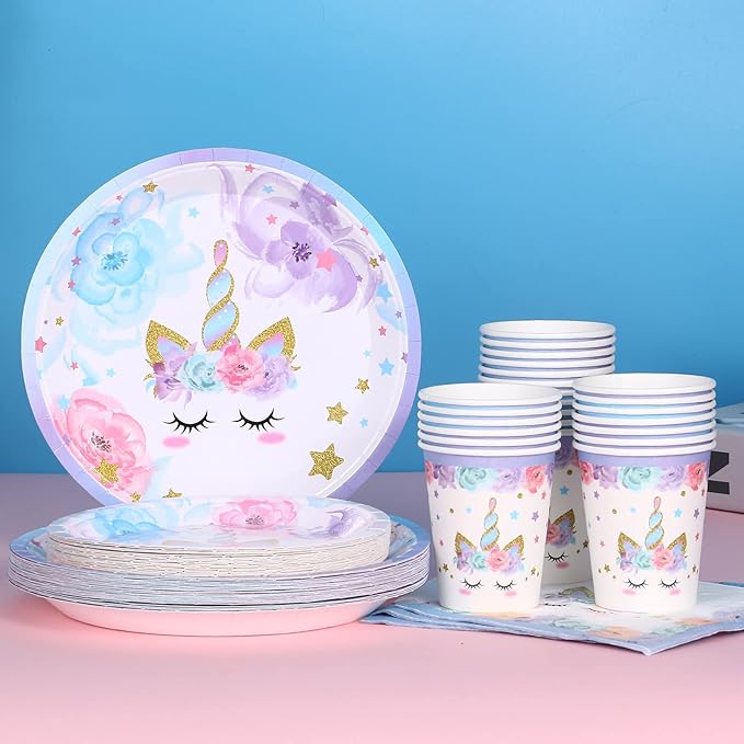 Unicorn Party Supplies Rainbow Unicorn Plates and Napkin Sets for Baby Shower First Girls Birthday Party Decorations Afternoon Tea Pool Garden Party，Serves 24