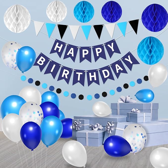33 Packs Birthday Party Decorations, Happy Birthday Hanging Banner Circle Dot Triangles Honeycomb Balls Balloon Decor Set For Boys Girls Men Women Teen(Blue&Black)