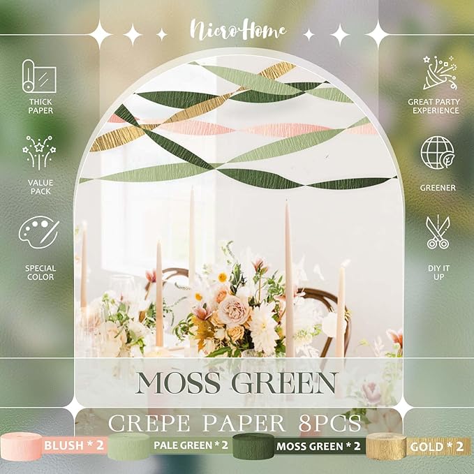 NICROHOME EUR Wedding Party Decorations, 8 Rolls Moss Sage Green Pink Crepe Paper Streamers for Boho Baby Shower, Wedding, Engagement Party, Spring Party, Birthday Party Supplies, 82 ft Long