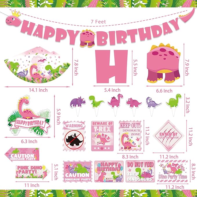 Girl Dinosaur Party Supplies, 206Pcs Pink Dinosaur Dino Themed Bday Party Decor Decorations for Girls - Backdrop, Banner, Tablecloth, Centerpieces, Plates, Stickers, Wall Signs