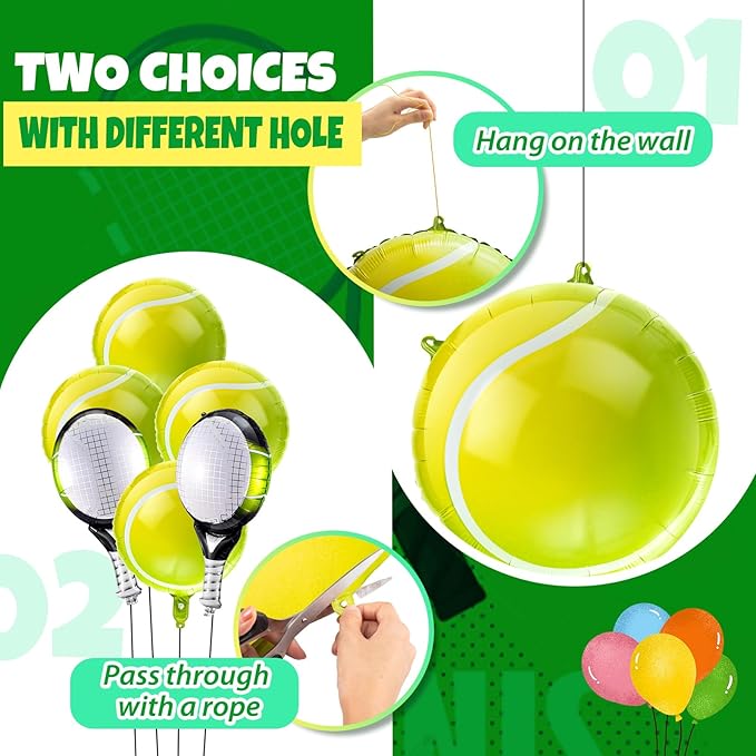 12 Pieces 18 Inch/25 Inch Tennis Balloons, Racket Balloons, Tennis Party Decorations, Foil Racket Large Balloon for Sports Themed Birthday Decorations Supplies