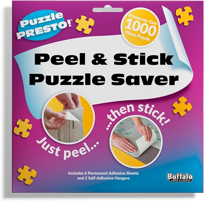 Puzzle Presto Peel & Stick Saver: The Original and Still the Best Way to Preserve Your Finished Puzzle! - 6 Adhesive Sheets and 2 Adhesive Hangers