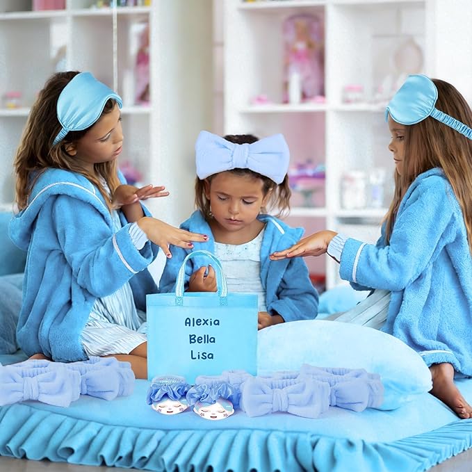 72 Pcs Blue Spa Sleepover Party Supplies for Girls With DIY Stickers And Greeting Card Pink Headband Wristbands Eye Mask Hair Scrunchie Tote Bag Sleeping Slumber Party Favors