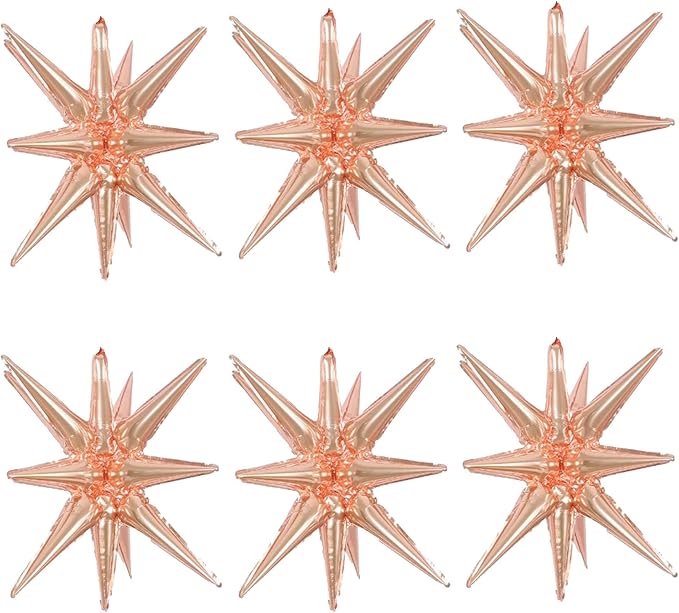 6 Pcs Rose Gold Star Foil Balloons One-Piece 14-Pointed Star Balloon 4D Cone Mylar 22inch Christmas Birthday Wedding Fireworks Shape Party Supplies (Rose Gold)