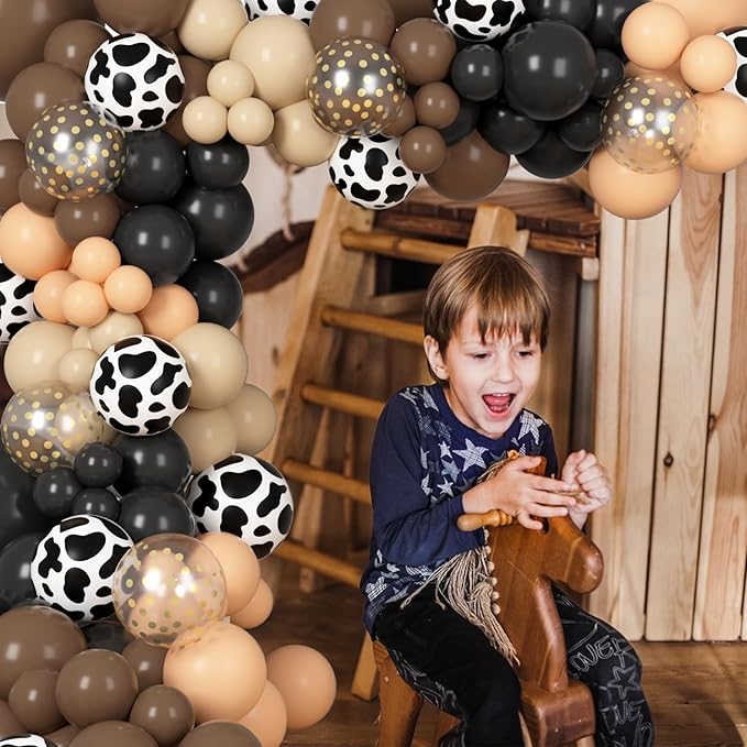 170Pcs Western Cowboy Balloon Garland Arch Kit, Black Brown Confetti Cow Print Balloons for Hourse Western Farmland Cowboy Cowgirl Animal Themed Baby Shower Birthday Party Decorations Supplies