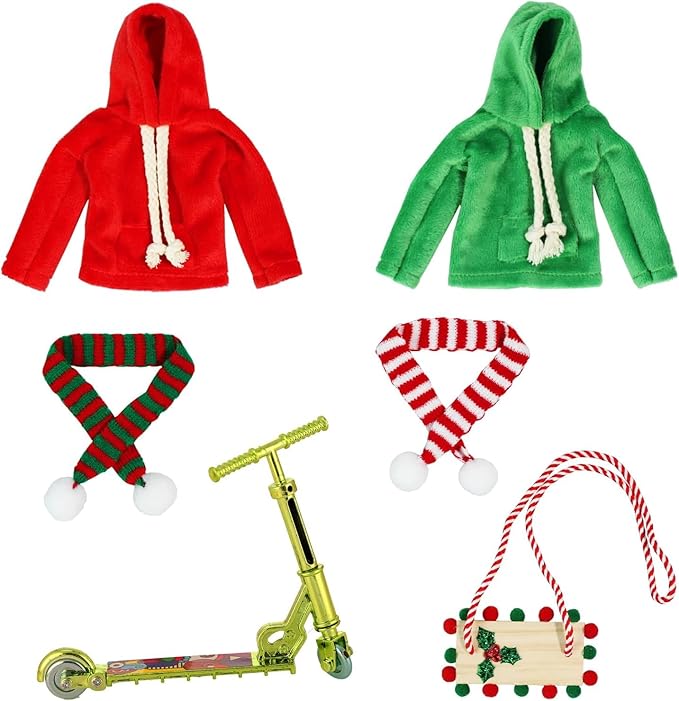 6Pcs Christmas Elf Doll Accessories Set for Boys and Girls Elf Clothes Outfit with Sweatshirt,Scarves,Wooden Swing, Novelty Fun Christmas Elf Accessory for Kids Doll Xmas Decorations