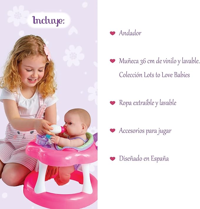 JC Toys Lots to Love Babies 14"" Doll and Walker | Wheeled Walker Gift Set and Accessories | Posable & Waterproof | Ages 2+" (16198), Pink