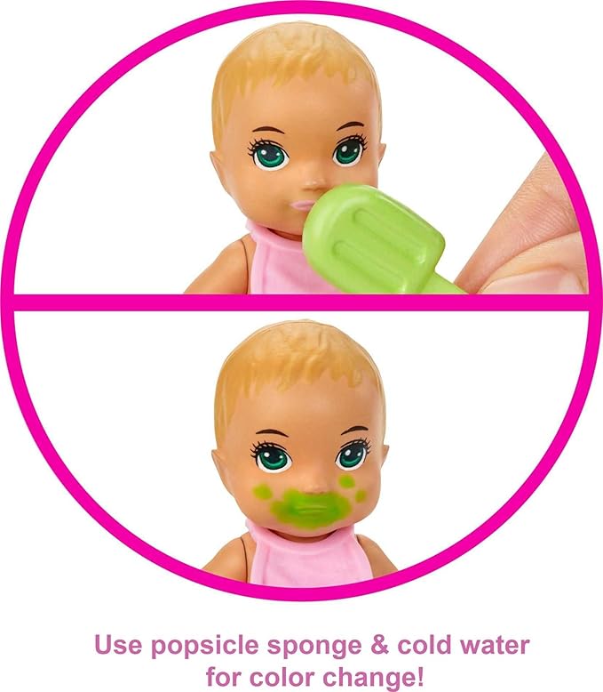 Barbie Skipper Babysitters Inc. Feeding and Bath-Time Playset with Color-Change Baby Doll, Bathtub, Popsicle Sponge and Bath-Time Accessories Including Duck-Shaped Towel