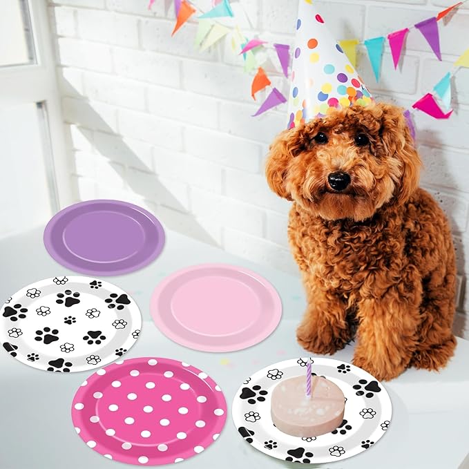 48Pcs Pink Paw Print Party Paper Plates for Dog Birthday Party Decorations 7" Puppy Dog Girl Party Disposable Dessert Plates for Pink Dog Themed Girls Birthday Baby Shower Party Supplies Favors