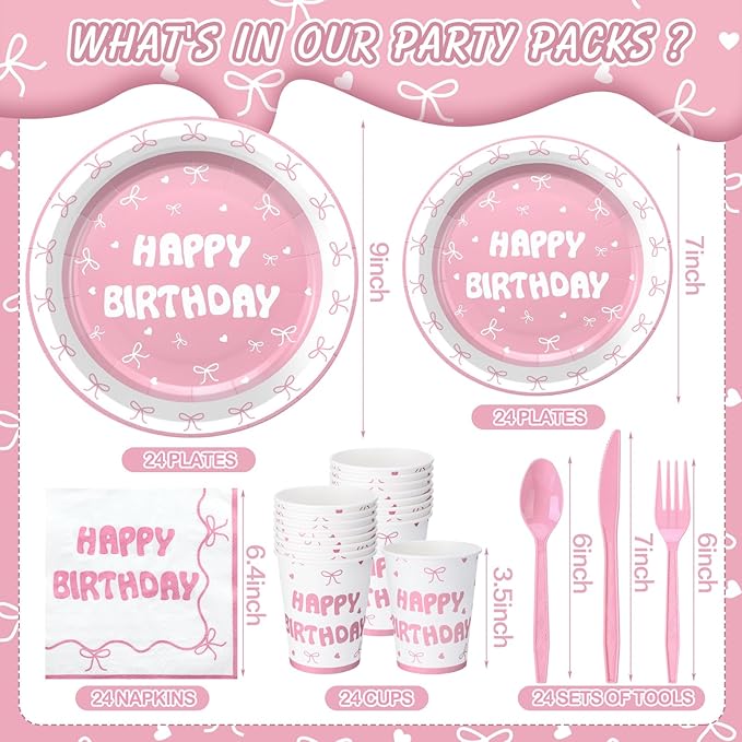 168 Pcs Coquette Birthday Decorations Wedding Spring Pink Bow Birthday Party Supplies Includes Pink Bow Napkins Plates Forks and Theme Tableware Party Supplies Decor
