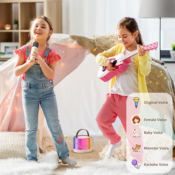 JYX Mini Karaoke Machine for Kids Adults, Portable Bluetooth Speaker with 2 Microphones, Support TF/AUX Input/4 Funny Magic Voice (Ivory White-2 Mic)