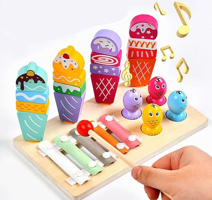 Wooden Montessori Toys for 3 Year Old，Shape Sorter Stacking Games, Fishing Games Preschool Learning Educational Toys for Boys Girls Toddlers (Ice Cream)